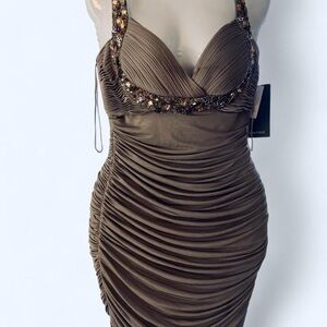 JS Boutique taupe ruched halter Bodycon Dress with jeweled straps 10